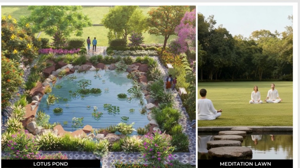 Zen outdoor yoga decks, lotus ponds, and wellness pavilions managed by MIROS.