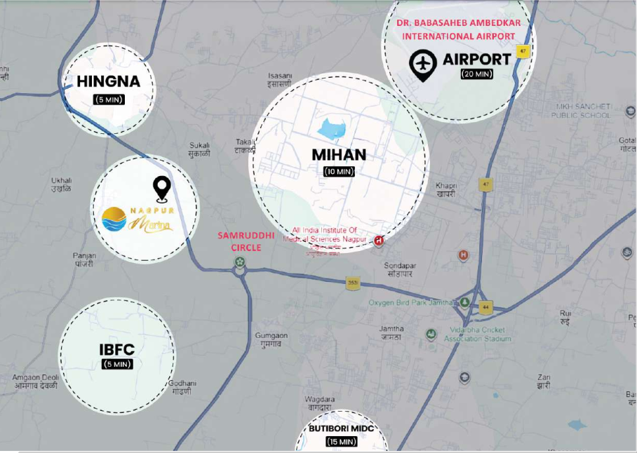 nfrastructure map showing proximity to Samruddhi Expressway, IBFC, and MIHAN SEZ.