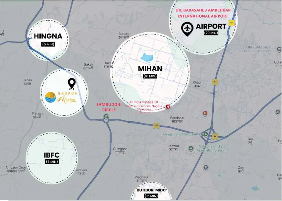nfrastructure map showing proximity to Samruddhi Expressway, IBFC, and MIHAN SEZ.