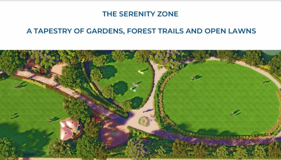 Landscaped sensory gardens, walking green spines, and open lawns at Nagpur Marina.