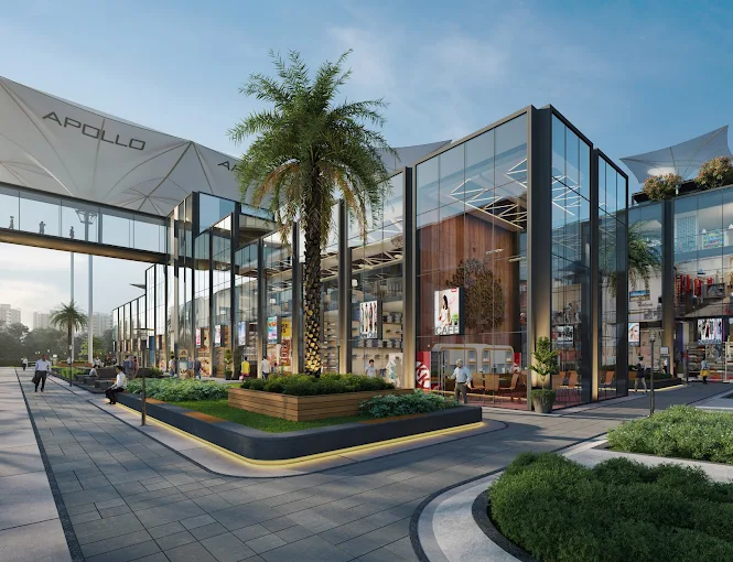 Apollo High Street prime commercial frontage showing premium retail showrooms on main A.B. Road Indore