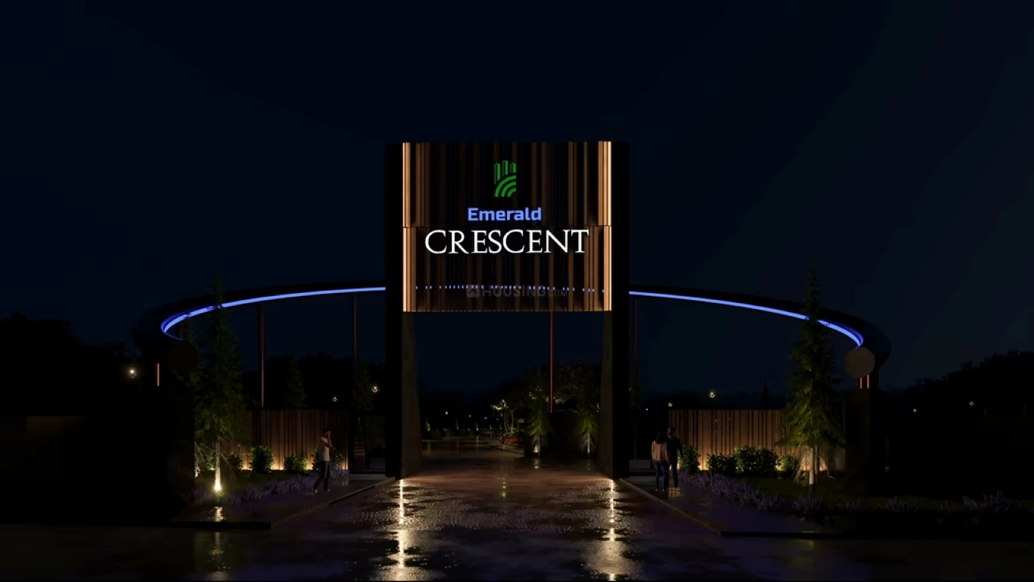 Iconic grand entrance gate plaza and 100 feet wide entry driveway at Emerald Crescent residential plotting project in Mayakhedi Indore night