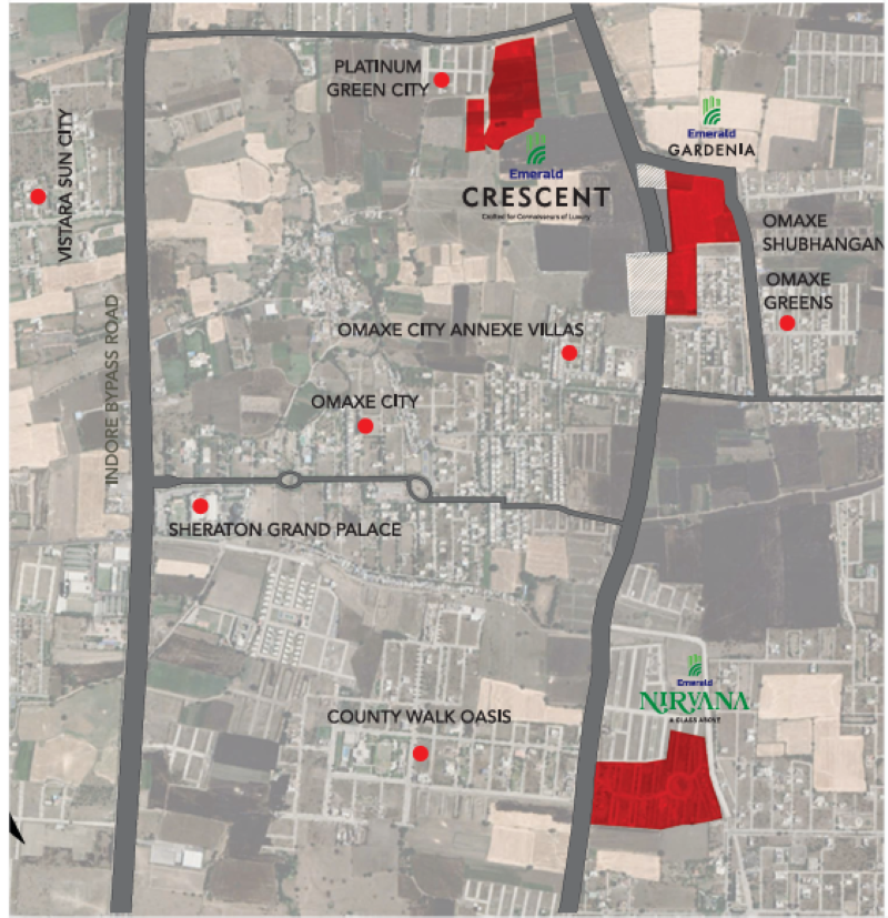 Location map of Emerald Crescent in Mayakhedi Indore highlighting proximity to AB Bypass Road and Phoenix Citadel Mall