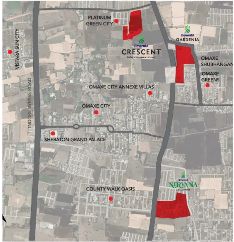 Location map of Emerald Crescent in Mayakhedi Indore highlighting proximity to AB Bypass Road and Phoenix Citadel Mall