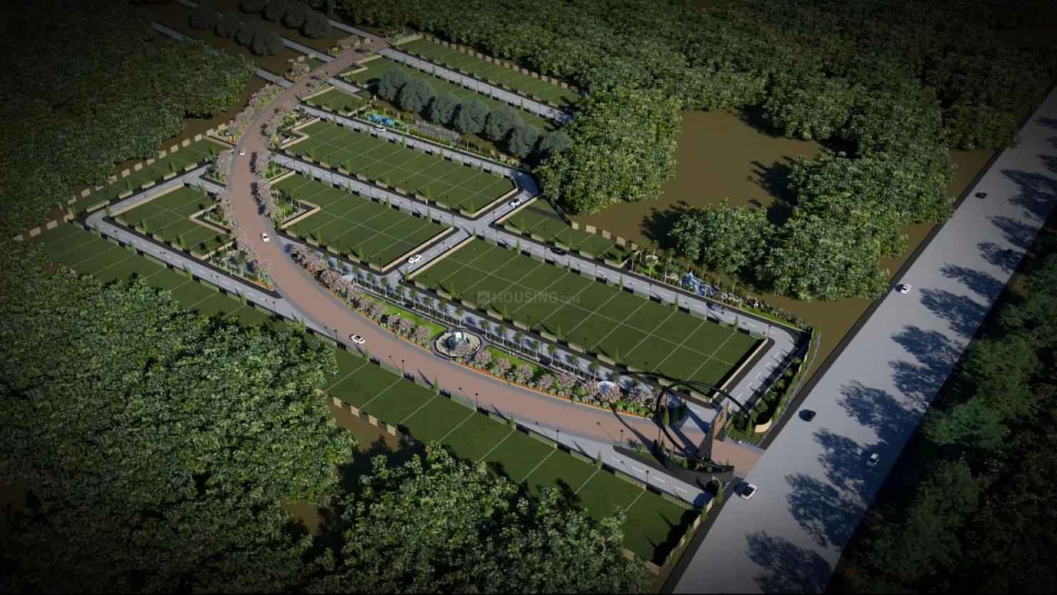 Site layout master blueprint plan map of Emerald Crescent Indore showing plot allocations and crescent spine road infrastructure