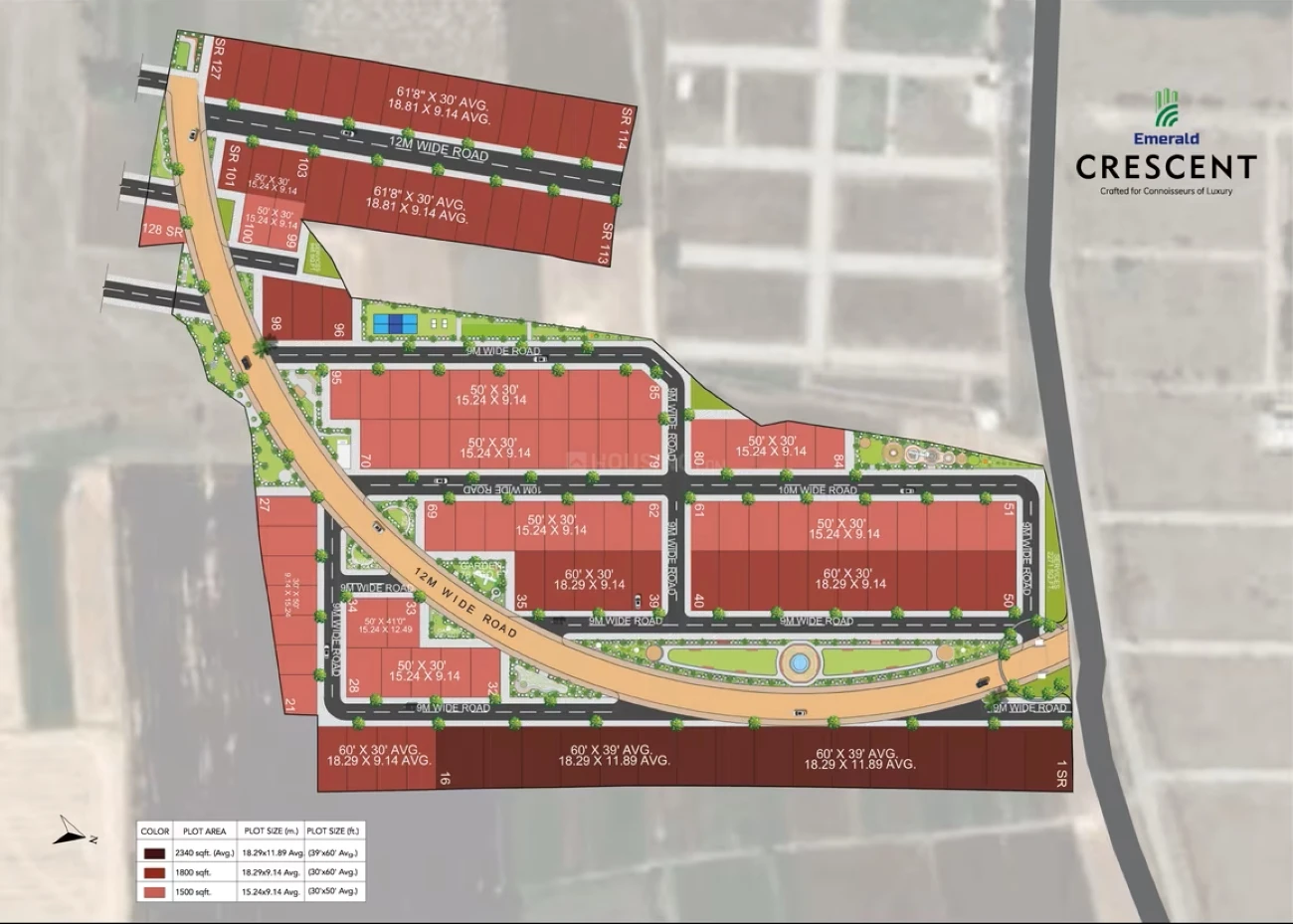 Site layout master blueprint plan map of Emerald Crescent Indore showing plot allocations and crescent spine road infrastructure
