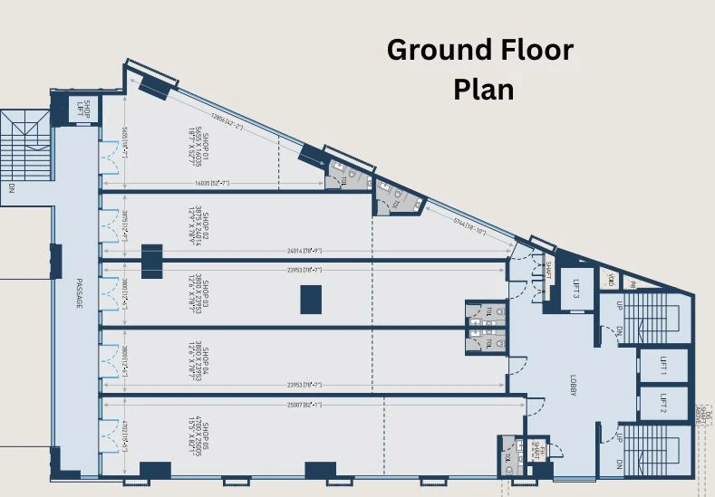Emerald Forum Ground Floor Plan Layout detailing Premium Commercial Showrooms and Main Entry Driveway
