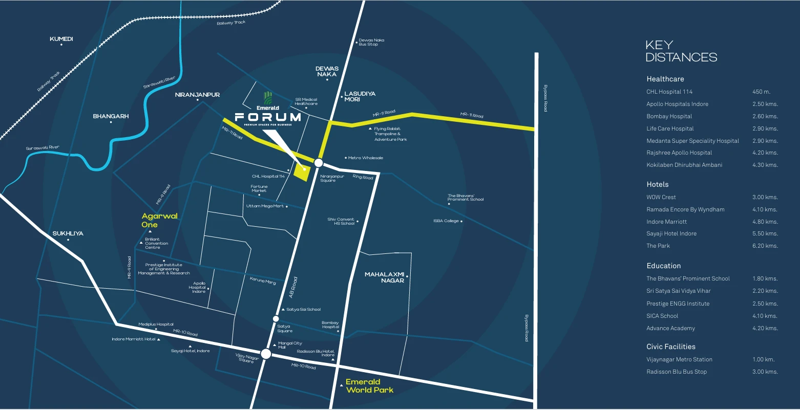 Emerald Forum Niranjanpur Square Location Map showing Proximity to Vijay Nagar Metro Station and Ring Road