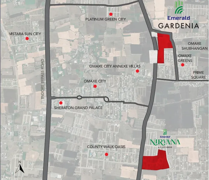 Geographical location map graphic displaying proximity of Emerald Gardenia to the Indore Bypass road, retail markets, and luxury hotels.
