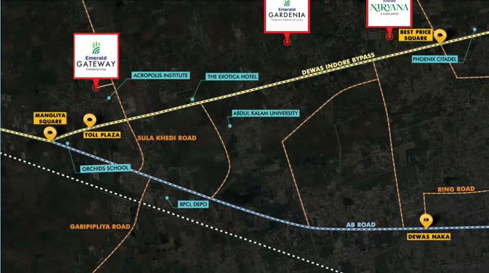 Geographical location map highlighting proximity of Emerald Gateway to Acropolis Institute, Phoenix Citadel, and Dewas Naka