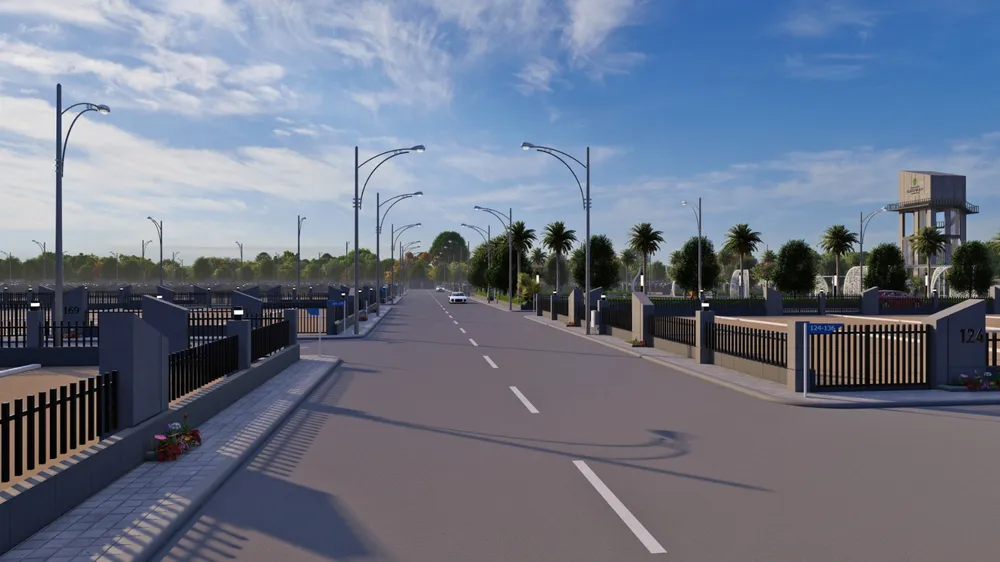 Wide 45-meter proposed main avenue approach showing leveled pre-designed plots at Emerald Gateway