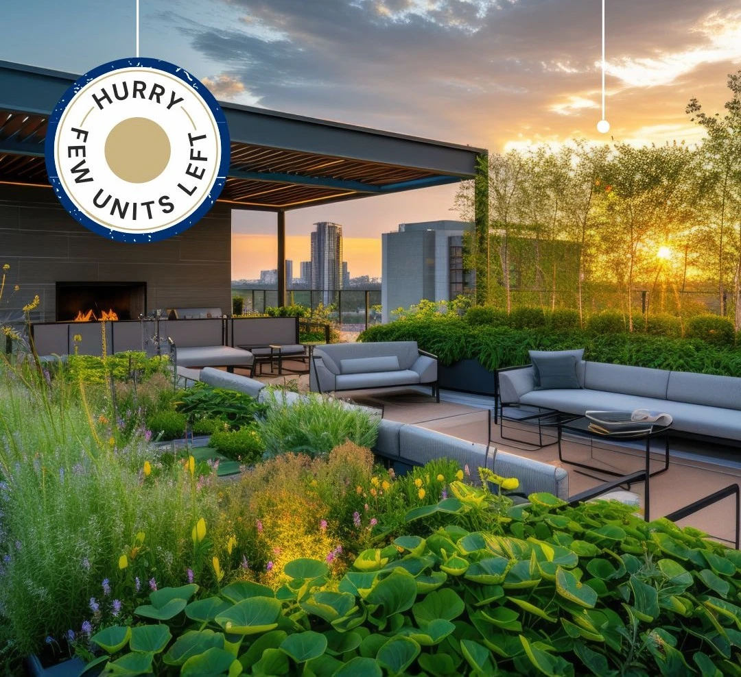 Rooftop infinity swimming pool deck with panoramic skyline views at Emerald Horizon
