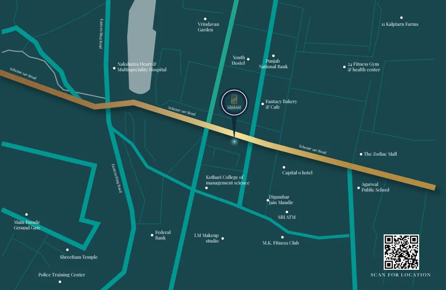 Geographical connectivity map graphic showcasing nearby schools, hospitals, and major lifestyle retail hubs relative to Emerald Kingsvilla Indore.