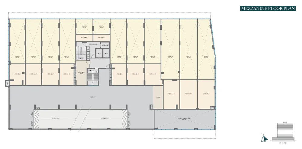 Architectural mezzanine level floor plan layout for commercial showroom double-height customization space inside Emerald Kingsvilla.