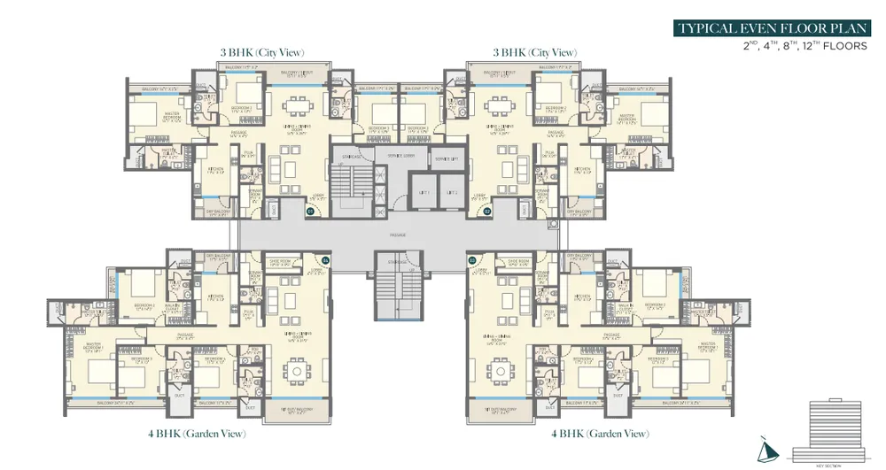 Standard even floor plan layout diagram illustrating the spatial distribution of luxury 3 BHK and 4 BHK residential apartments at Emerald Kingsvilla.