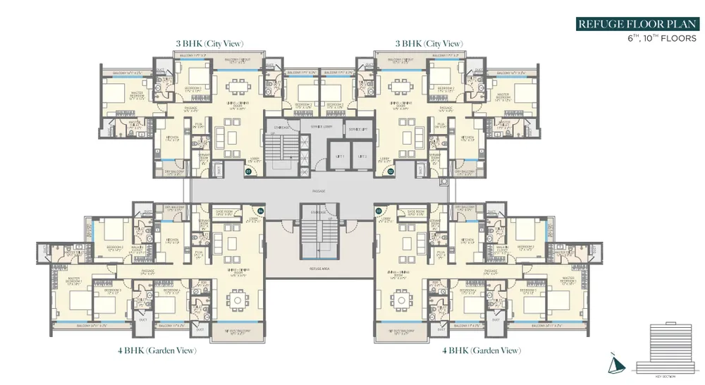 NBC-compliant emergency fire safety refuge floor plan layout detailing structural assembly zones and specialized staircases at Emerald Kingsvilla.