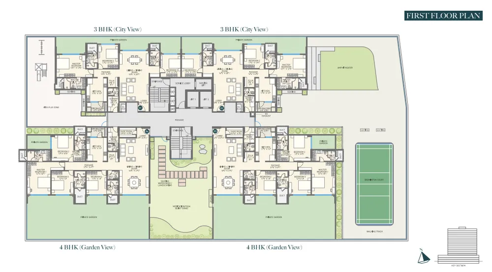 Engineering blueprint drawing of the first floor layout plan mapping architectural commercial or residential spaces at Emerald Kingsvilla.