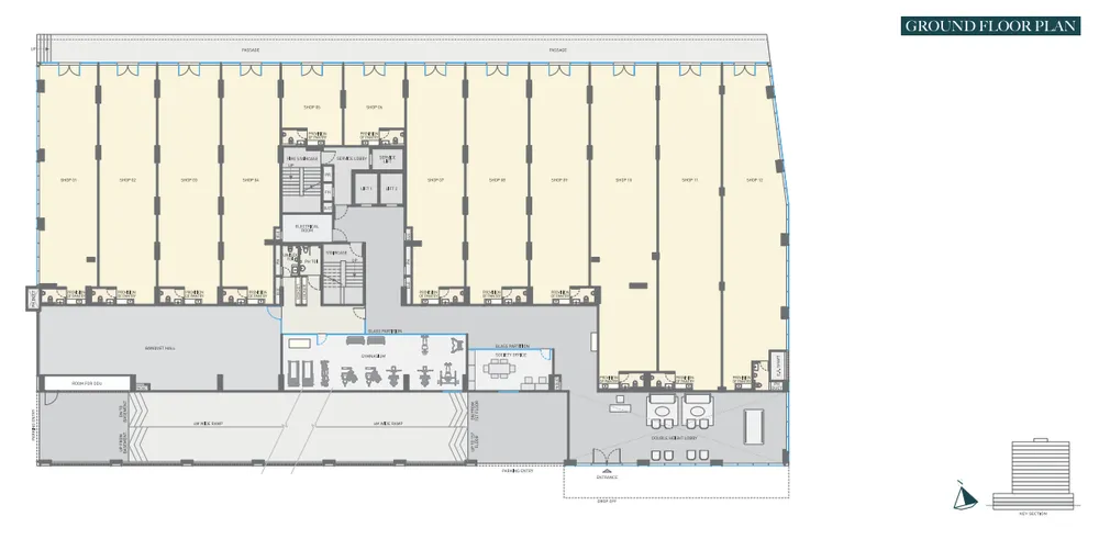Ground floor layout plan showing the distribution of the 12 premium high street commercial retail showrooms at Emerald Kingsvilla.