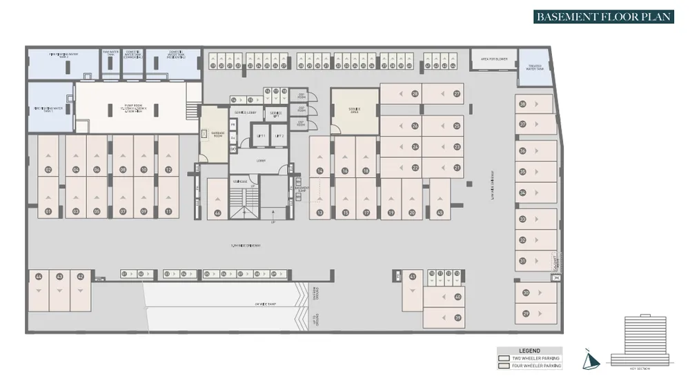 Lower ground basement parking plan layout detailing dynamic driveways and customer visitor parking spaces at Emerald Kingsvilla.