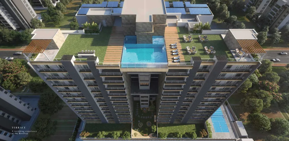 Rooftop amenity deck view detailing the community sky recreation lounge and green structural zones atop Emerald Kingsvilla.
