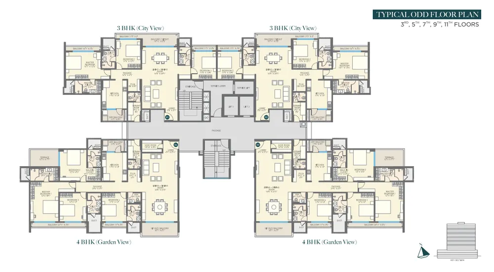 Standard odd floor plan engineering schematic detailing residential unit placement and wide elevator lobby wings at Emerald Kingsvilla.