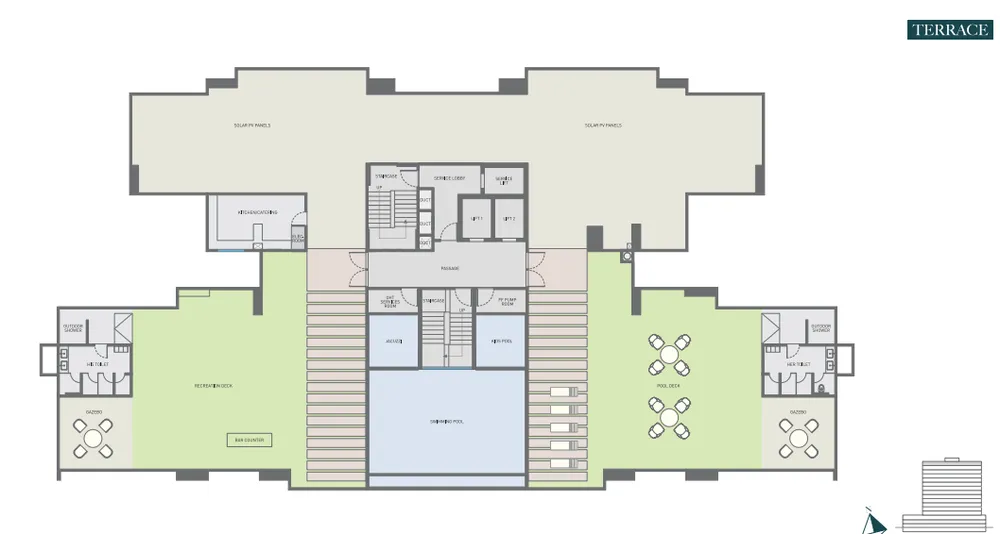 Rooftop terrace floor plan mapping the architectural locations of the society sky gym, pool deck, and open-air amenities at Emerald Kingsvilla.