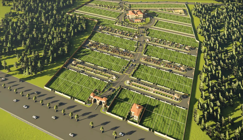 Aerial view of Emerald Nirvana gated plotting layout surrounded by greenery, Indore