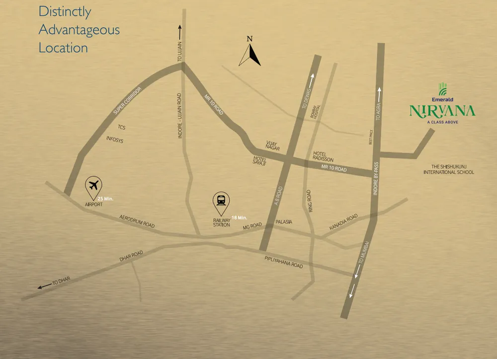 Location map of Emerald Nirvana showing proximity to schools, hospitals, hotels and malls near MR 10 Road, Indore