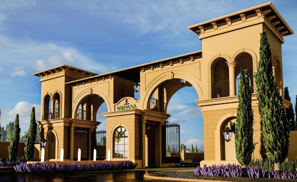 Palatial Moroccan and Greek style entrance gate of Emerald Nirvana luxury villa plots in Jhalaria, Indore