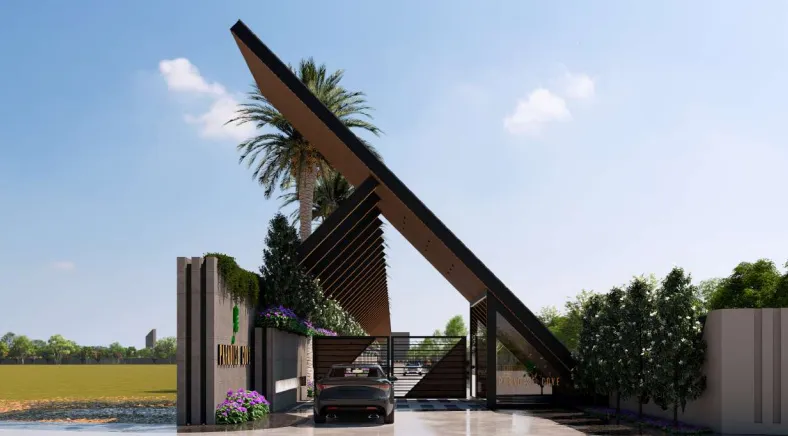 Premium wide master approach spine road and grand entrance architecture corridor for luxury plots at Emerald Paradise Cove Indore.