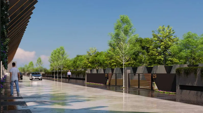 Premium wide master approach spine road and grand walkway architecture corridor for luxury plots at Emerald Paradise Cove Indore.