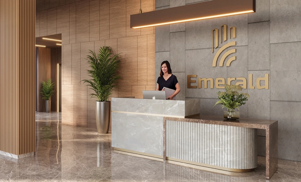 Grand luxury entrance lobby and double height visitor reception area inside Emerald world park corporate tower Indore