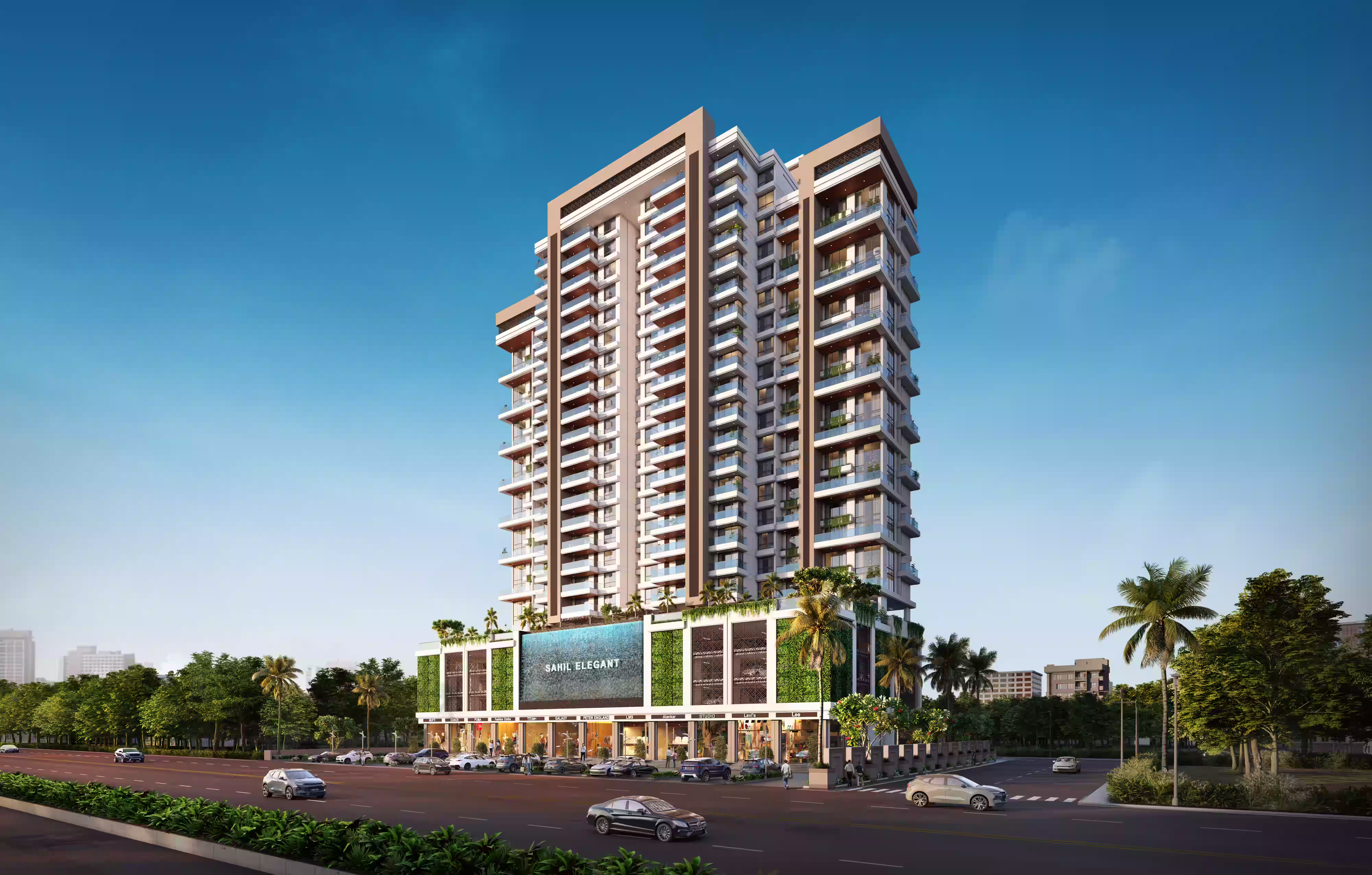 Street-level perspective of the 3-level parking podium and luxury double-height commercial storefronts at Sahil Elegant.