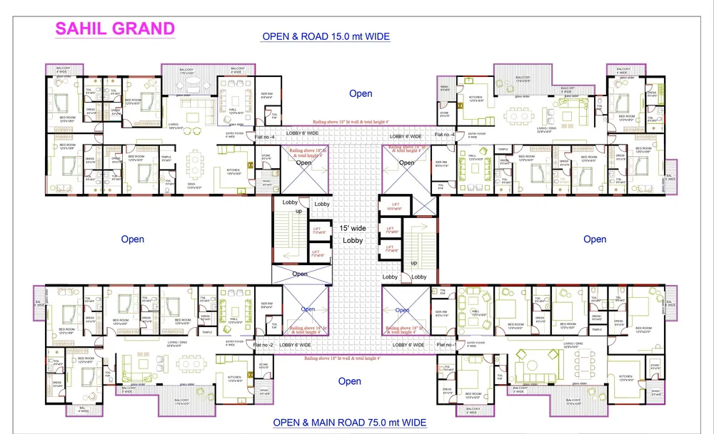 Detailed technical floor blueprint plan of Sahil Grand mapping out the low-density 4 flats per floor design with 4 sides open and no wall sharing