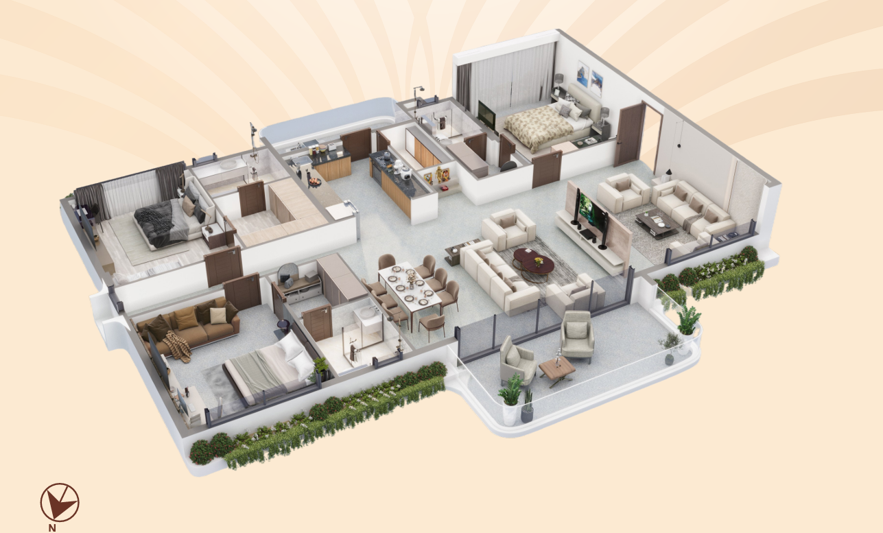 3D floor plan render of 3 BHK 3,237 sq ft layout showcasing room zoning and open balconies