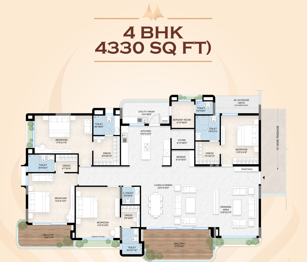 2D floor plan map of 4 BHK (4,330 sq ft) layout featuring drawing room, living area, and bedrooms