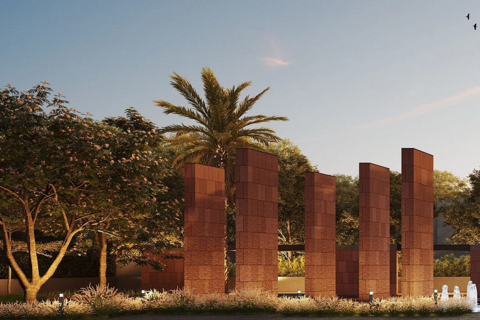 Integrated pedestrian plaza with unique flooring stone patterns and landscaped garden integration
