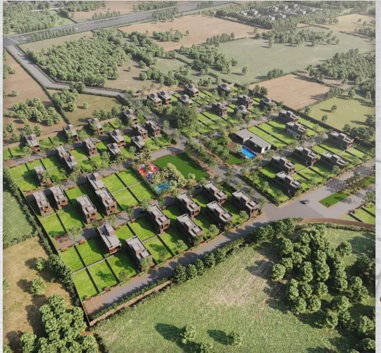 3D aerial view master plan rendering highlighting premium luxury bungalows and community layout.
