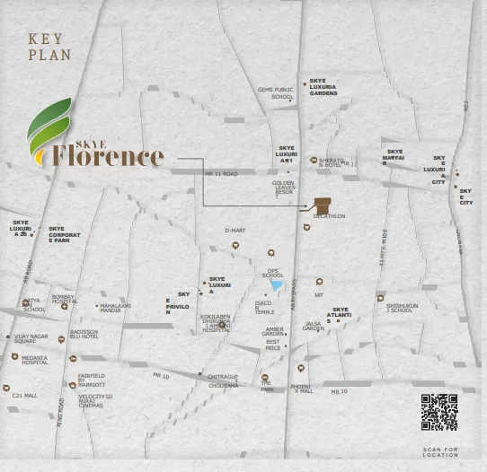 Connectivity key plan map showing proximity to AB Bypass, premium schools, hospitals, and commercial sectors in Indore