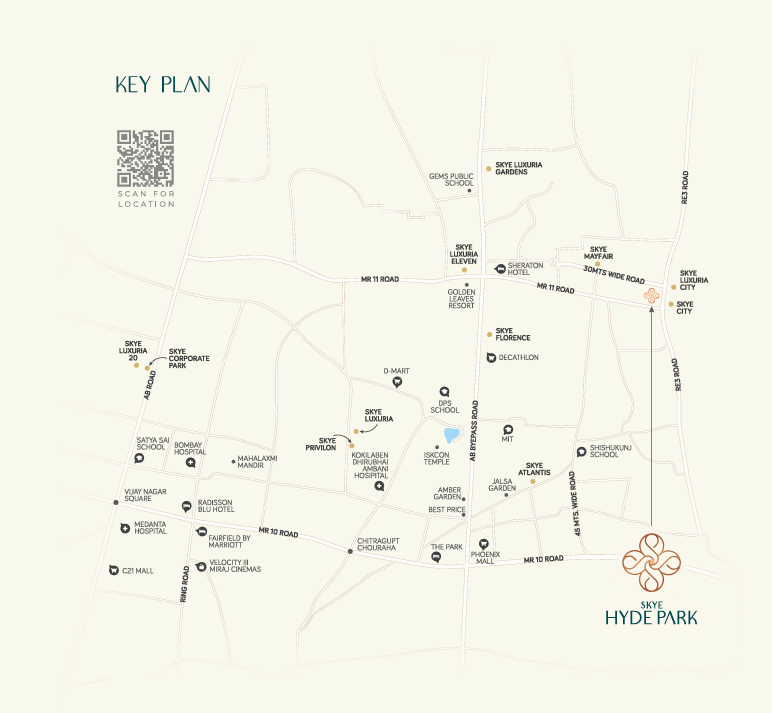 Location key map of Skye Hyde Park showing micro connectivity to MR 11 Road, AB Bypass, and Vijay Nagar landmarks