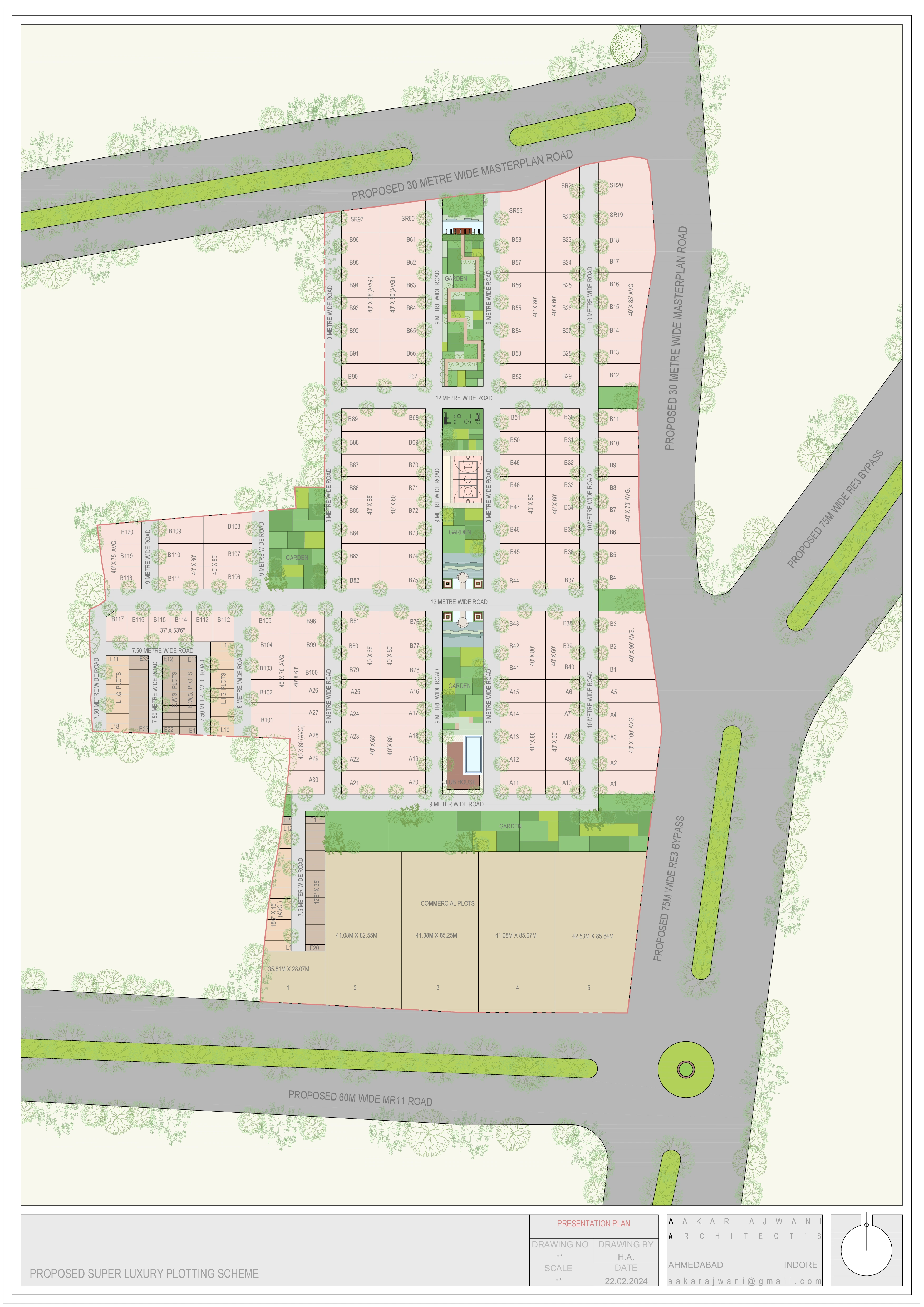 Master site layout plan and plot distribution map for the 25 acre Skye Hyde Park gated community township in Indore