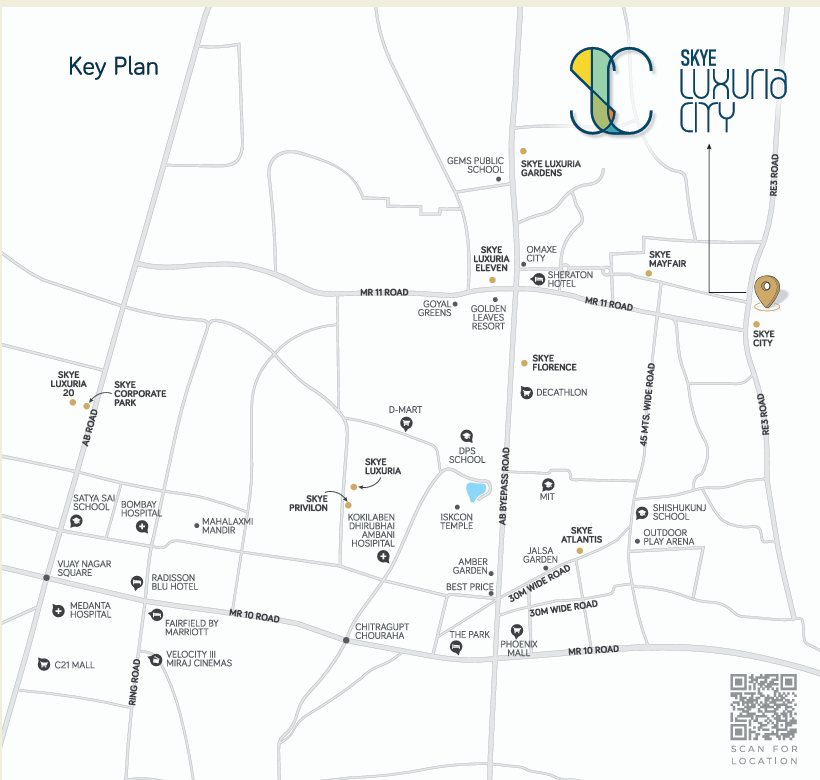 Location key map of Skye Luxuria City showing connectivity to Sheraton Hotel, MR 11 Road, and AB Bypass in Indore