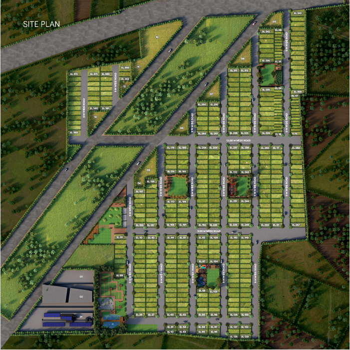 Master site layout plan showing residential plot distributions and 12-meter internal road networks at Skye Luxuria City