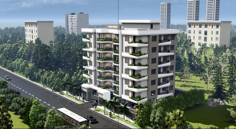Architectural two-side exterior elevation view of Tulsivanam Greens 24-unit covered campus in Indore-2