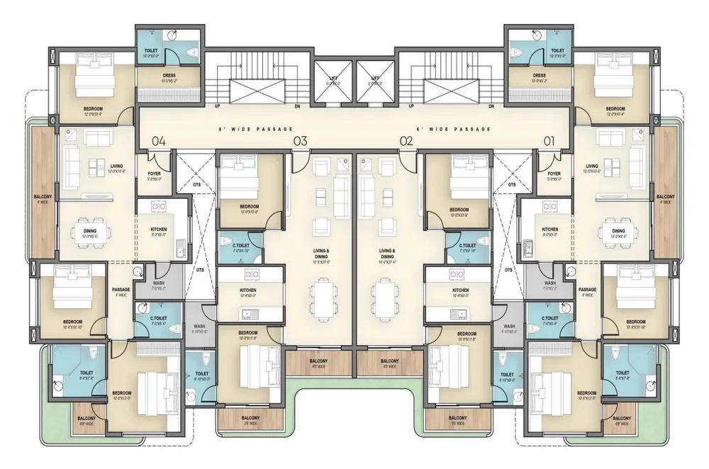 Even floor layout plan for 2nd, 4th, and 6th floors showing unit balconies and room dimensions at Tulsivanam Greens