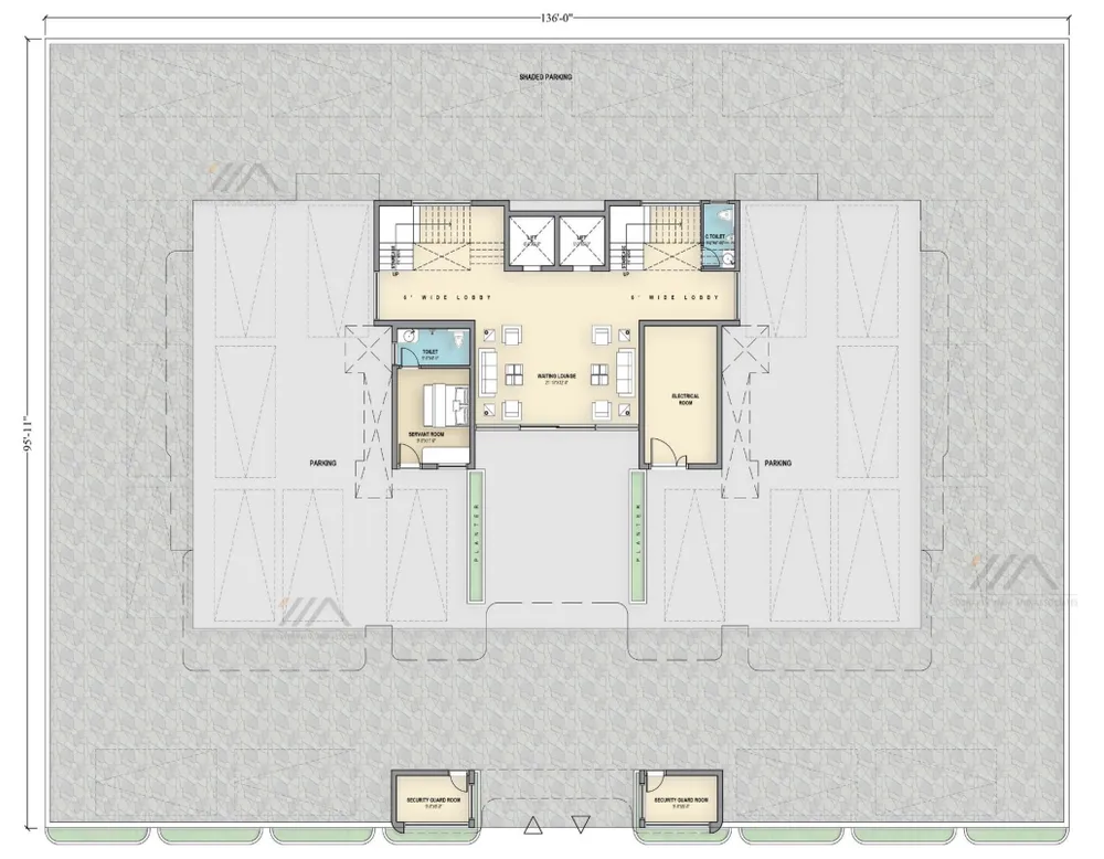 Ground floor layout plan showing parking bay, EV charging points, and entrance lobby at Tulsivanam Greens