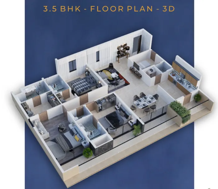 Official 3D floor plan layout schematic for the 3.5 BHK luxury apartment configuration at Victoria Harmony Indore