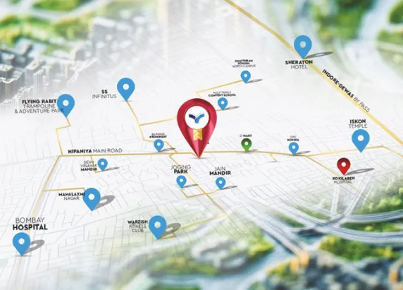 Exact site location map showing surroundings and nearby landmarks for Victoria Harmony Nipaniya Main Road Indore